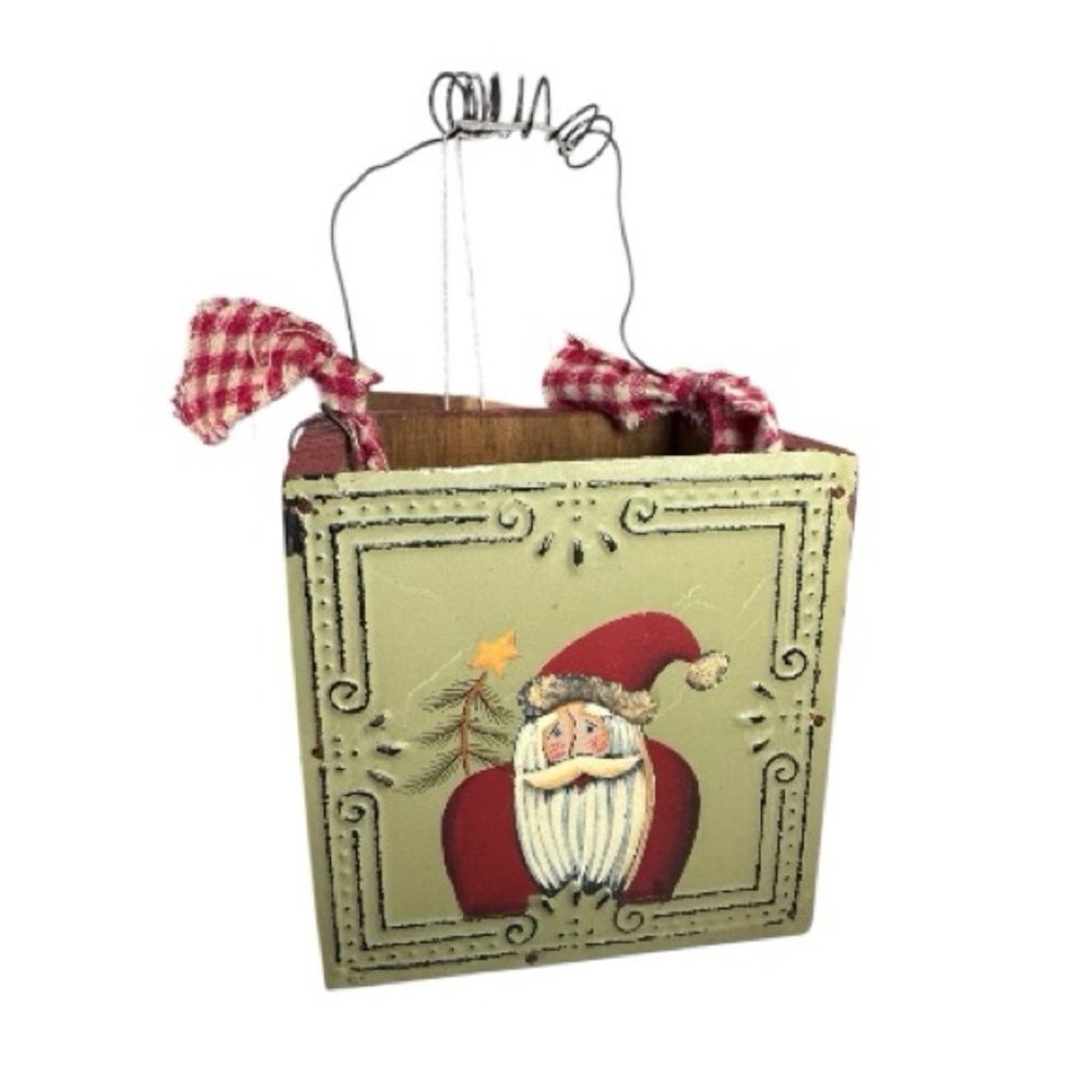 Santa Claus Decorative wooden box w/metal front & wire handle Debbie Bryan Coll